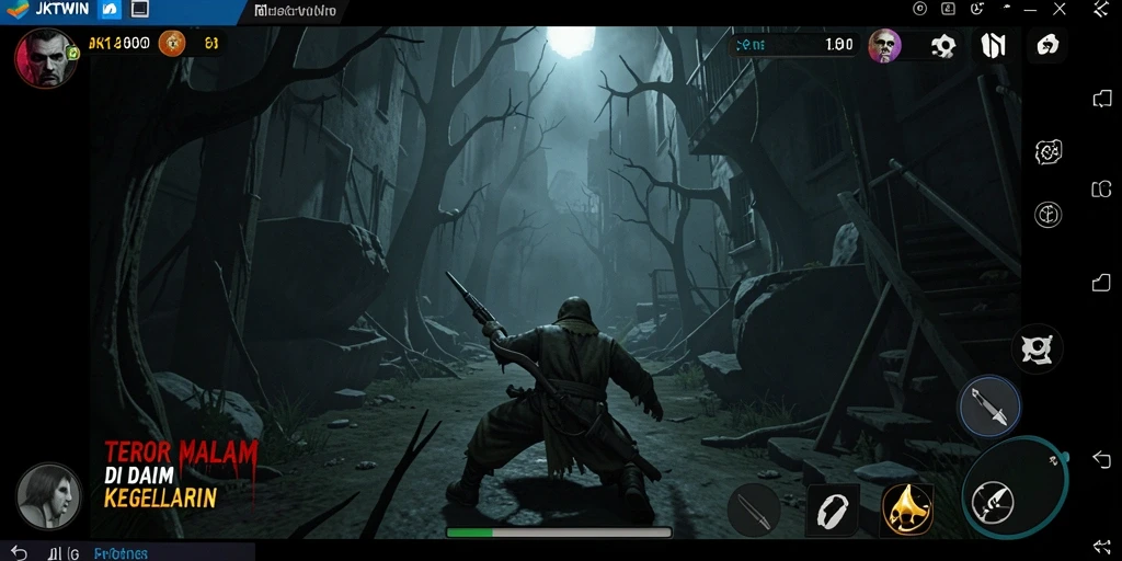 Screenshot utama JKTWIN menampilkan suasana mencekam dalam gameplay.