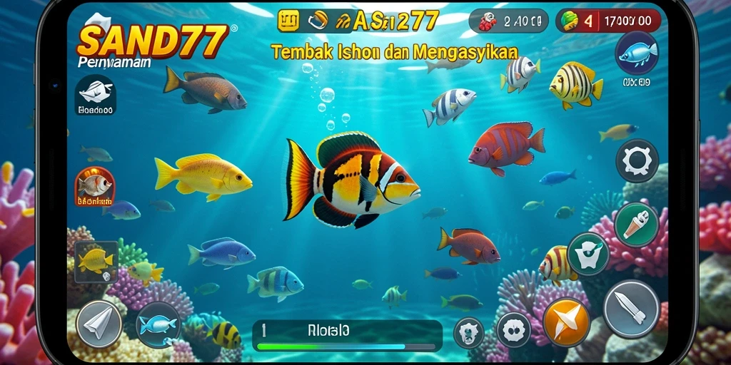 Screenshot SAND77 menampilkan aksi seru saat menembak ikan.