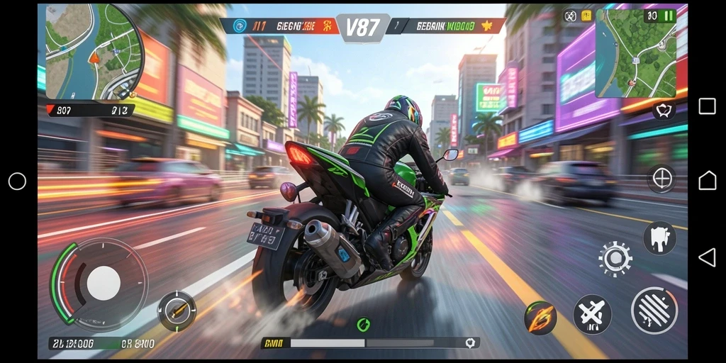 Tampilkan gameplay seru V87 dengan balapan motor cepat.