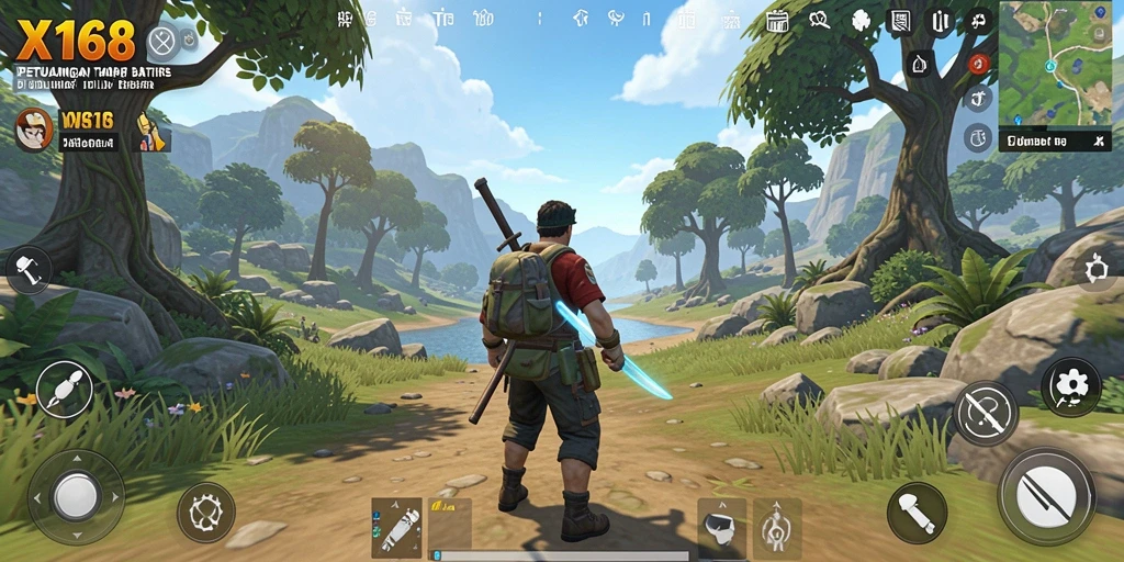 Screenshot gameplay X168 menampilkan eksplorasi dunia terbuka yang luas.