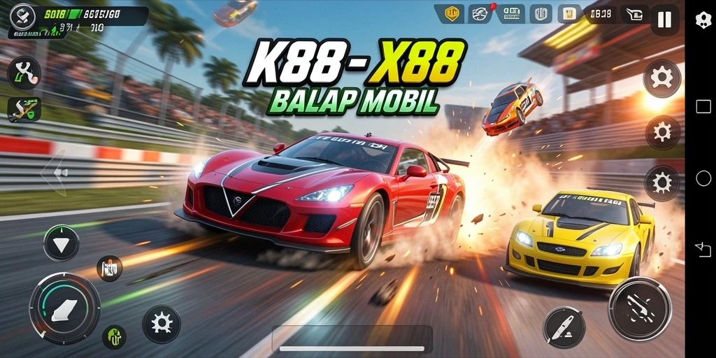 Tampilan gameplay X88 yang mendebarkan saat balapan di trek.